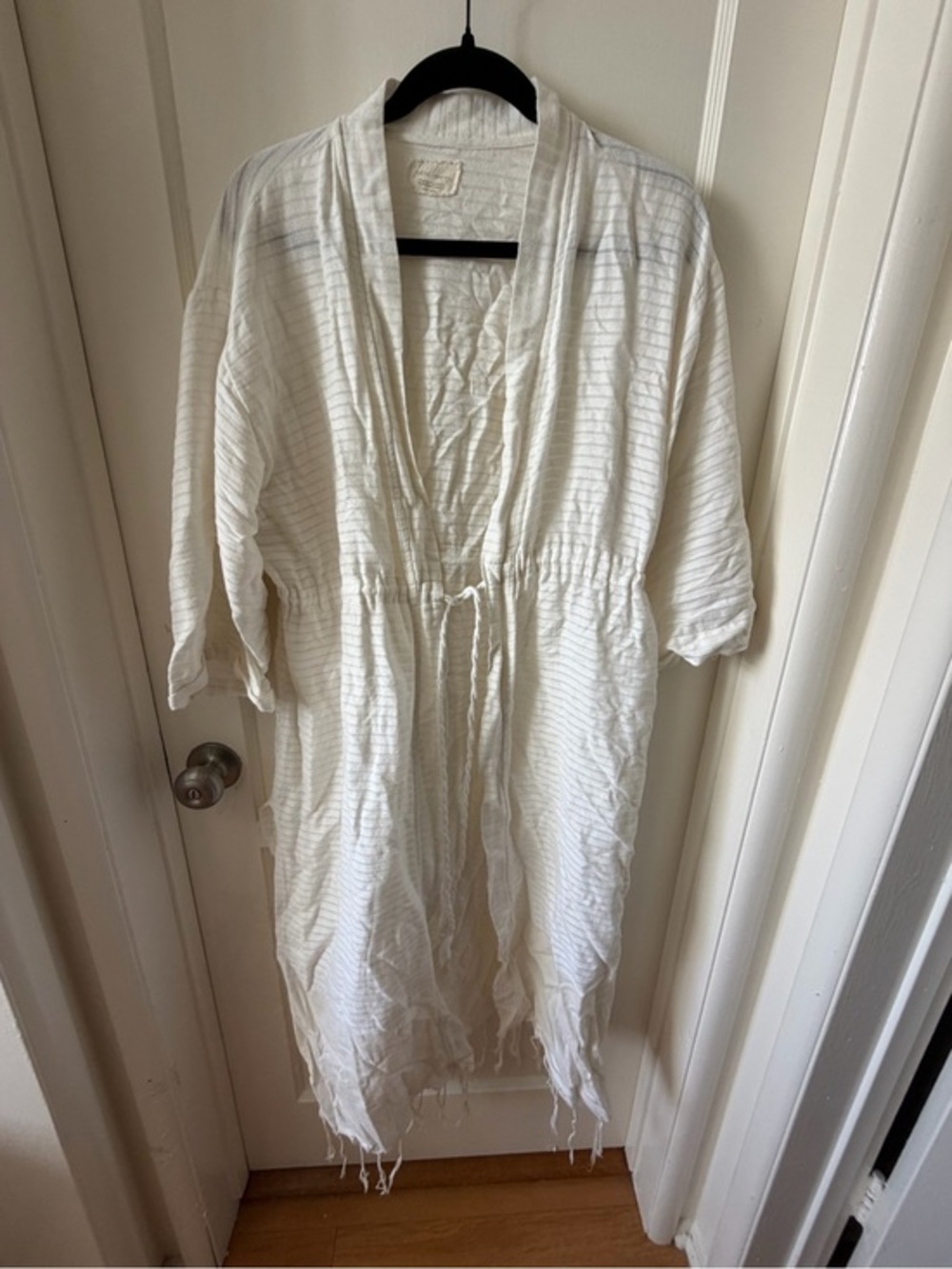 White Lightweight Striped Open Front Kimono Coverup with Frayed Hem